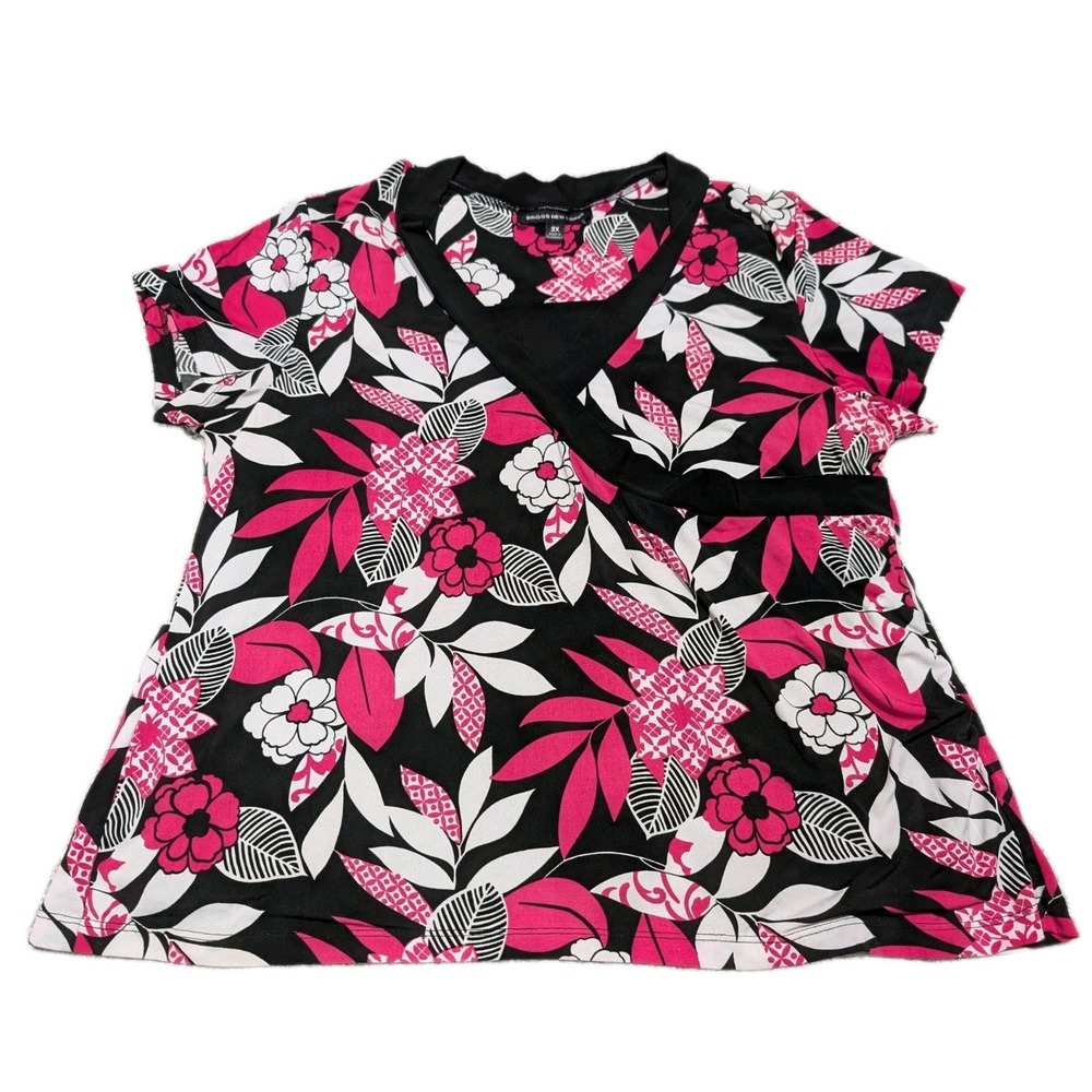 Briggs New York Women's Plus Size 2X Black White/Pink Floral Print Blouse